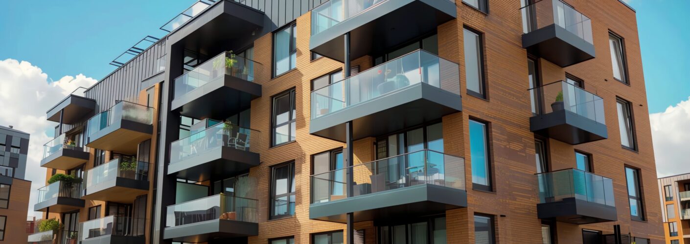 A modern apartment building with balconies. A modern apartment building with balconies.
